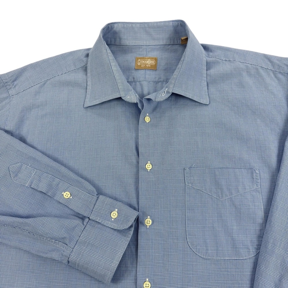 VTG Gitman Bros Dress Shirt Mens 18 34 Blue Check Regular Fit USA Made Cotton